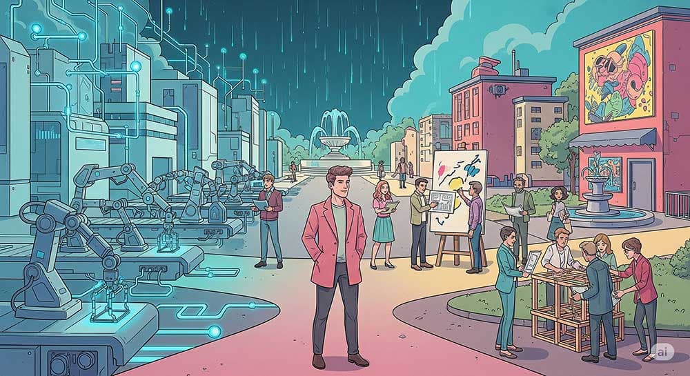A professional stands at a crossroads, choosing the path of human creativity and collaboration over the path of sterile automation, illustrating the future of work.