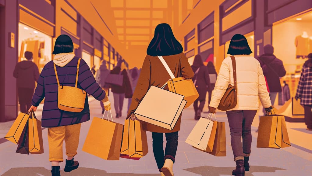 An illustration of a diverse group of people walking on a city street with many shopping bags, representing the psychology of consumer spending habits.