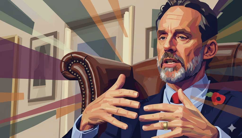 Uma ilustração do psicólogo Jordan Peterson debatendo apaixonadamente sobre a psicologia da personalidade.