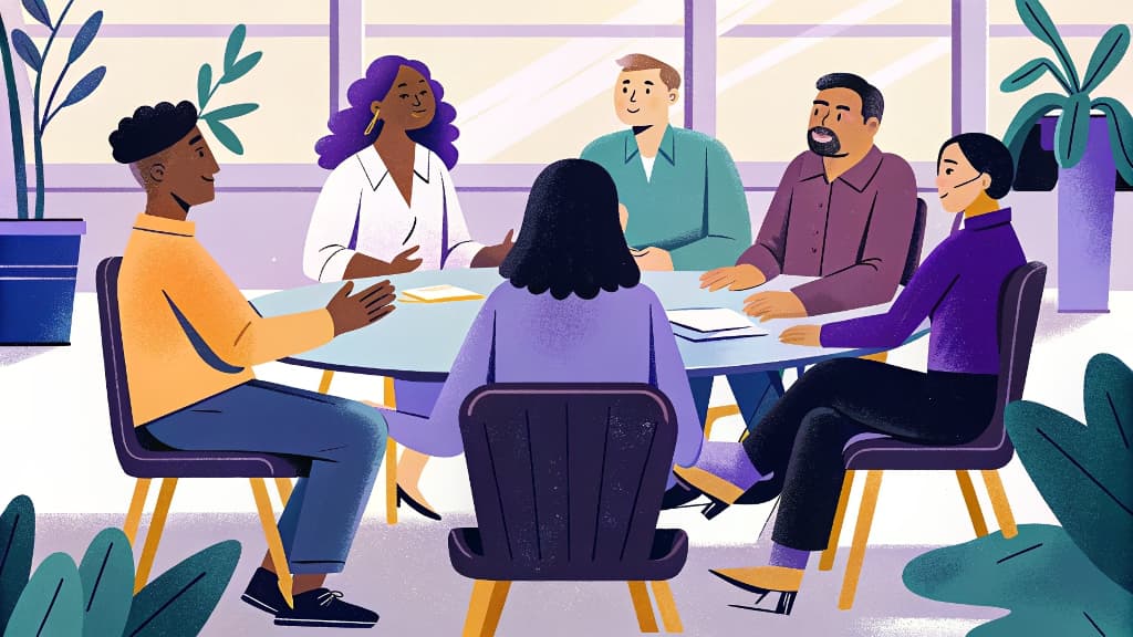 Uma ilustração de um grupo diverso de pessoas sentadas ao redor de uma mesa, ativamente envolvidas em uma discussão, representando diferentes estilos de comunicação e conflito em um ambiente de grupo.