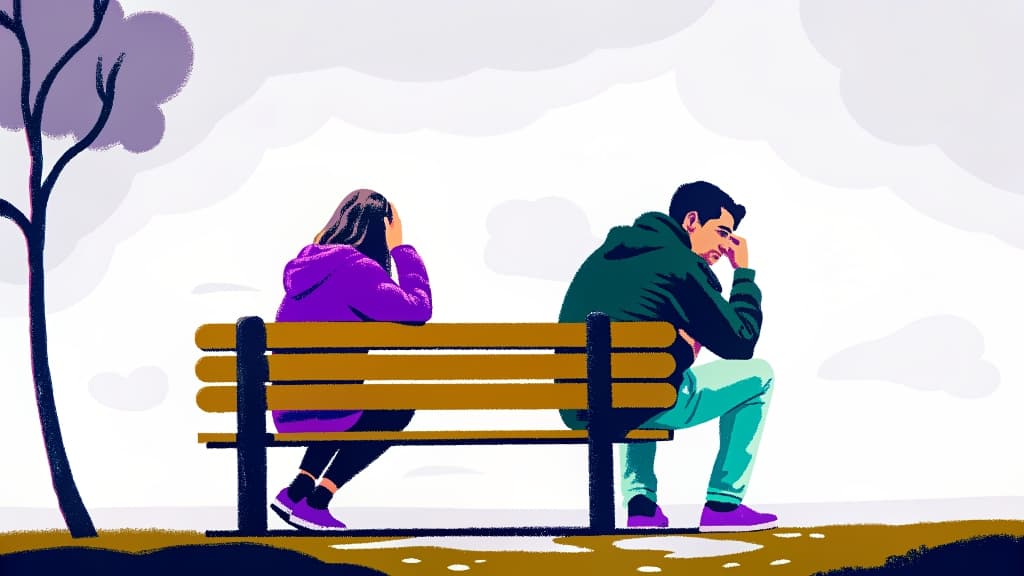 Ilustração de um homem e uma mulher distantes, sentados em um banco de praça, ambos com expressão triste e pensativa, representando a dúvida e a incerteza no relacionamento.
